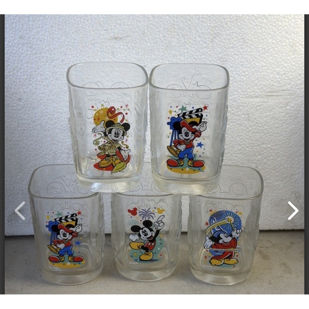 Six (5) Vintage 2000 Walt Disney World McDonalds Glasses Square Cups Collectible